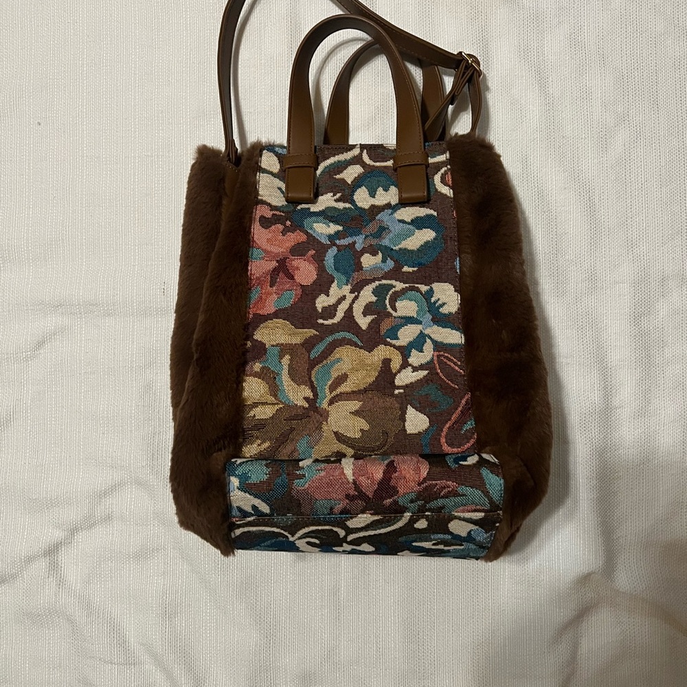 Elegant Anthropologie Floral Tote with Brown Fur Accents